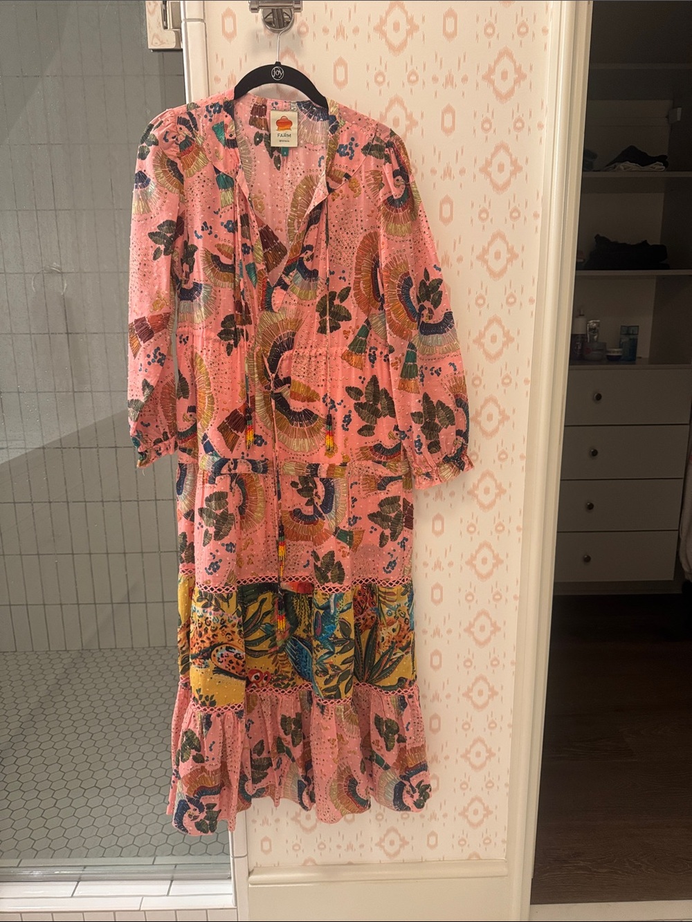 FARM Rio Pink Floral Patchwork Tiered Maxi Dress